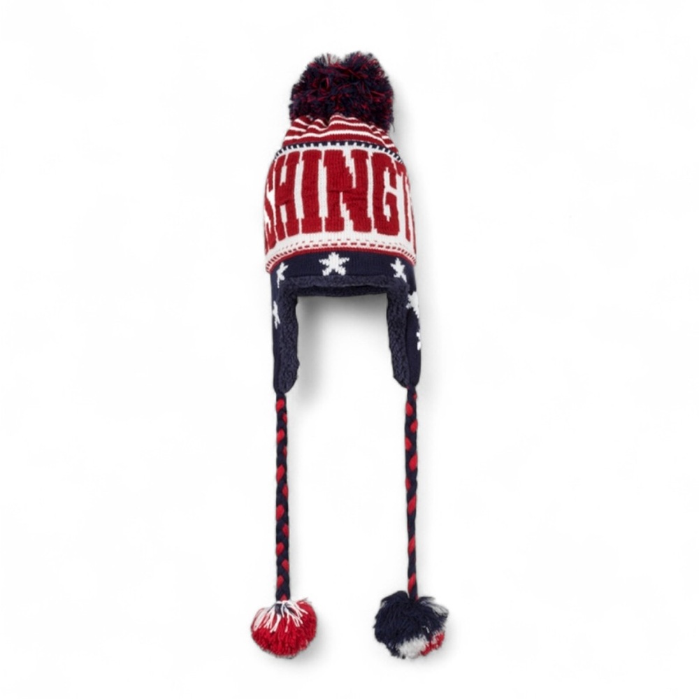 Red White Blue USA Flag Beanie Hat Unisex Tassel Pom Ski Trapper Winter Hat Cozy
